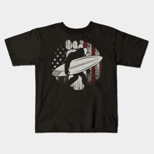 Surfing Bigfoot American Flag Retro Vintage Kids T-Shirt